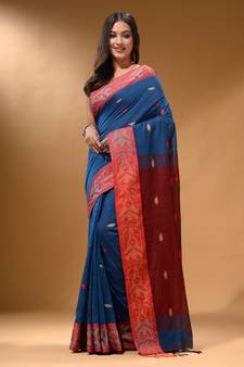 Yale Blue Cotton Handspun Soft Saree With Nakshi Border And Contrast With Red Pallu