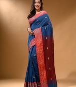Yale Blue Cotton Handspun Soft Saree With Nakshi Border And Contrast With Red Pallu