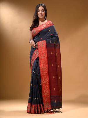 Licorise Black Cotton Handspun Soft Saree With Nakshi Border And Contrast With Red Pallu 1