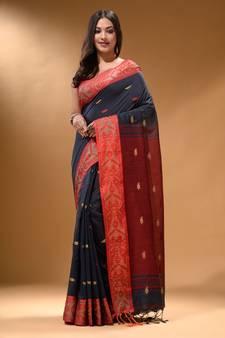 Licorise Black Cotton Handspun Soft Saree With Nakshi Border And Contrast With Red Pallu