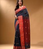 Licorise Black Cotton Handspun Soft Saree With Nakshi Border And Contrast With Red Pallu
