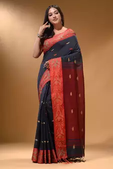 Licorise Black Cotton Handspun Soft Saree With Nakshi Border And Contrast With Red Pallu
