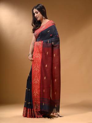 Licorise Black Cotton Handspun Soft Saree With Nakshi Border And Contrast With Red Pallu 3