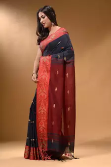Licorise Black Cotton Handspun Soft Saree With Nakshi Border And Contrast With Red Pallu