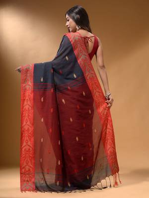 Licorise Black Cotton Handspun Soft Saree With Nakshi Border And Contrast With Red Pallu 4