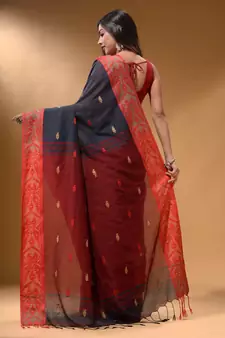 Licorise Black Cotton Handspun Soft Saree With Nakshi Border And Contrast With Red Pallu