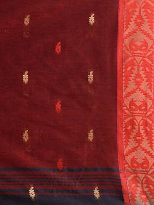 Licorise Black Cotton Handspun Soft Saree With Nakshi Border And Contrast With Red Pallu 5