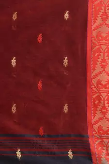 Licorise Black Cotton Handspun Soft Saree With Nakshi Border And Contrast With Red Pallu