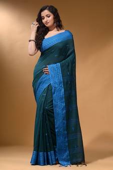 Teal Cotton Handspun Soft Saree With Texture Border