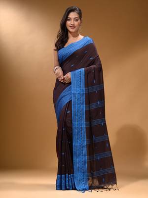 Mocha Brown Cotton Handspun Soft Saree With Texture Border 1
