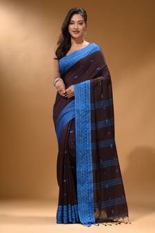 Mocha Brown Cotton Handspun Soft Saree With Texture Border
