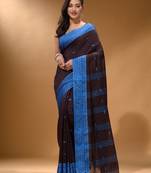 Mocha Brown Cotton Handspun Soft Saree With Texture Border