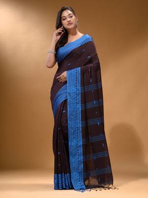 Mocha Brown Cotton Handspun Soft Saree With Texture Border 2