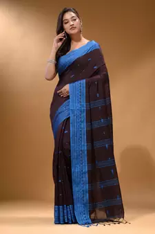 Mocha Brown Cotton Handspun Soft Saree With Texture Border