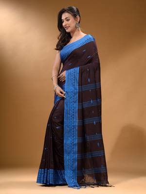 Mocha Brown Cotton Handspun Soft Saree With Texture Border 3
