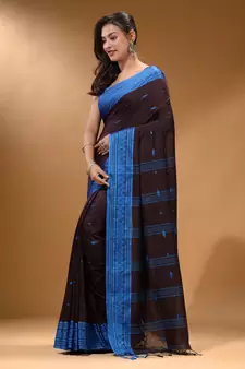 Mocha Brown Cotton Handspun Soft Saree With Texture Border