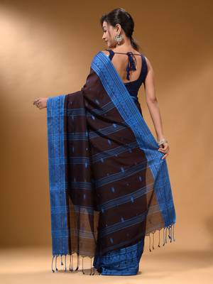 Mocha Brown Cotton Handspun Soft Saree With Texture Border 4