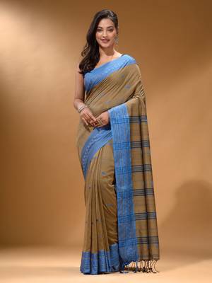 Ecru Cotton Handspun Soft Saree With Texture Border 1