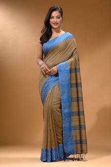 Ecru Cotton Handspun Soft Saree With Texture Border