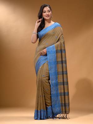 Ecru Cotton Handspun Soft Saree With Texture Border 2