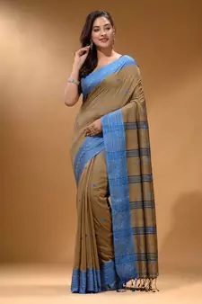 Ecru Cotton Handspun Soft Saree With Texture Border