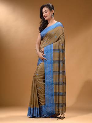 Ecru Cotton Handspun Soft Saree With Texture Border 4