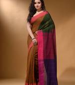 Dijon Yellow Cotton Handspun Soft Saree With Contrast Multicolor Pallu