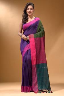 Purple Cotton Handspun Soft Saree With Contrast Multicolor Pallu