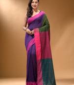 Purple Cotton Handspun Soft Saree With Contrast Multicolor Pallu