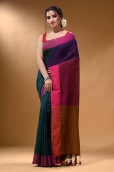 Teal Cotton Handspun Soft Saree With Contrast Multicolor Pallu