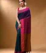 Teal Cotton Handspun Soft Saree With Contrast Multicolor Pallu
