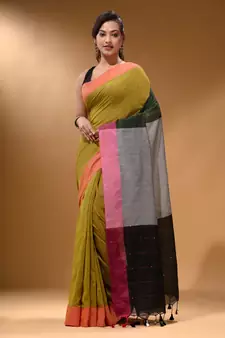 Sheen Green Cotton Handspun Soft Saree With Contrast Multicolor Pallu