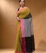 Sheen Green Cotton Handspun Soft Saree With Contrast Multicolor Pallu