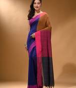 Blue Cotton Handspun Soft Saree With Contrast Multicolor Pallu