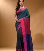 Slate Grey Cotton Handspun Soft Saree With Contrast Multicolor Pallu