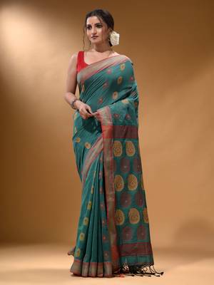 Teal Silk Matka Soft Saree With Paisley Motifs 1
