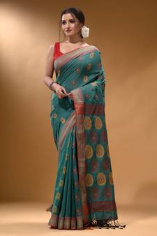 Teal Silk Matka Soft Saree With Paisley Motifs