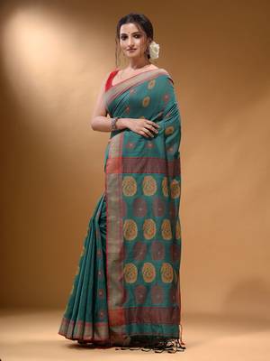 Teal Silk Matka Soft Saree With Paisley Motifs 2