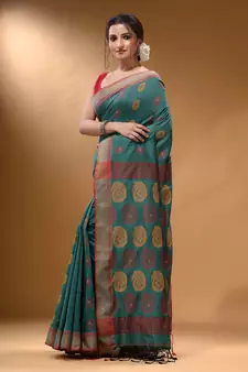 Teal Silk Matka Soft Saree With Paisley Motifs