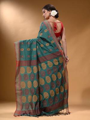 Teal Silk Matka Soft Saree With Paisley Motifs 3