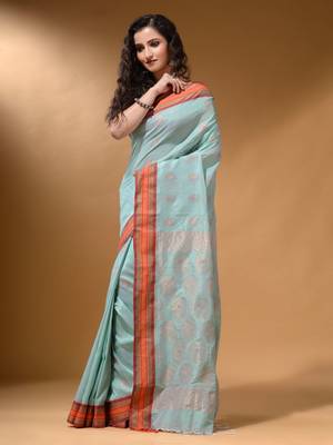 Sea Green Silk Matka Soft Saree With Paisley Motifs 3
