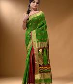 Parrot Green And Brick Red Cotton Blend Handwoven Patli Pallu Saree With Floral And Paisley Motifs
