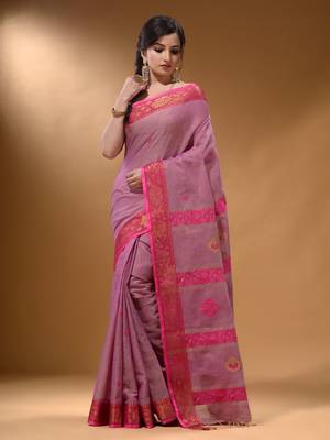Violet Cotton Blend Handwoven Saree With Nakshi Design 2