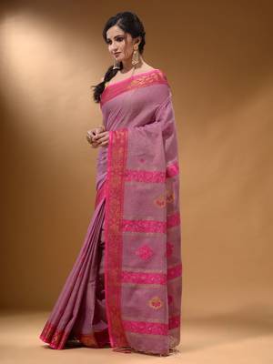 Violet Cotton Blend Handwoven Saree With Nakshi Design 3