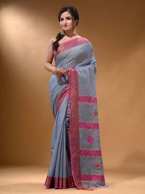 Grey Cotton Blend Handwoven Saree With Nakshi Design 2