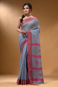 Grey Cotton Blend Handwoven Saree With Nakshi Design