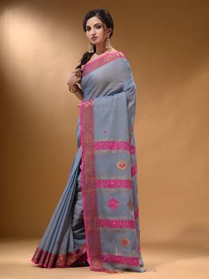 Grey Cotton Blend Handwoven Saree With Nakshi Design 3
