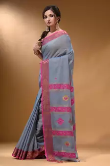 Grey Cotton Blend Handwoven Saree With Nakshi Design