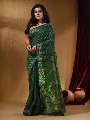 Green Cotton Handwoven Jamdani Saree With Woven Buttas And Floral Designs 1
