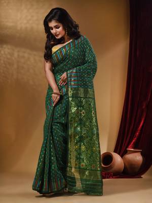 Green Cotton Handwoven Jamdani Saree With Woven Buttas And Floral Designs 2